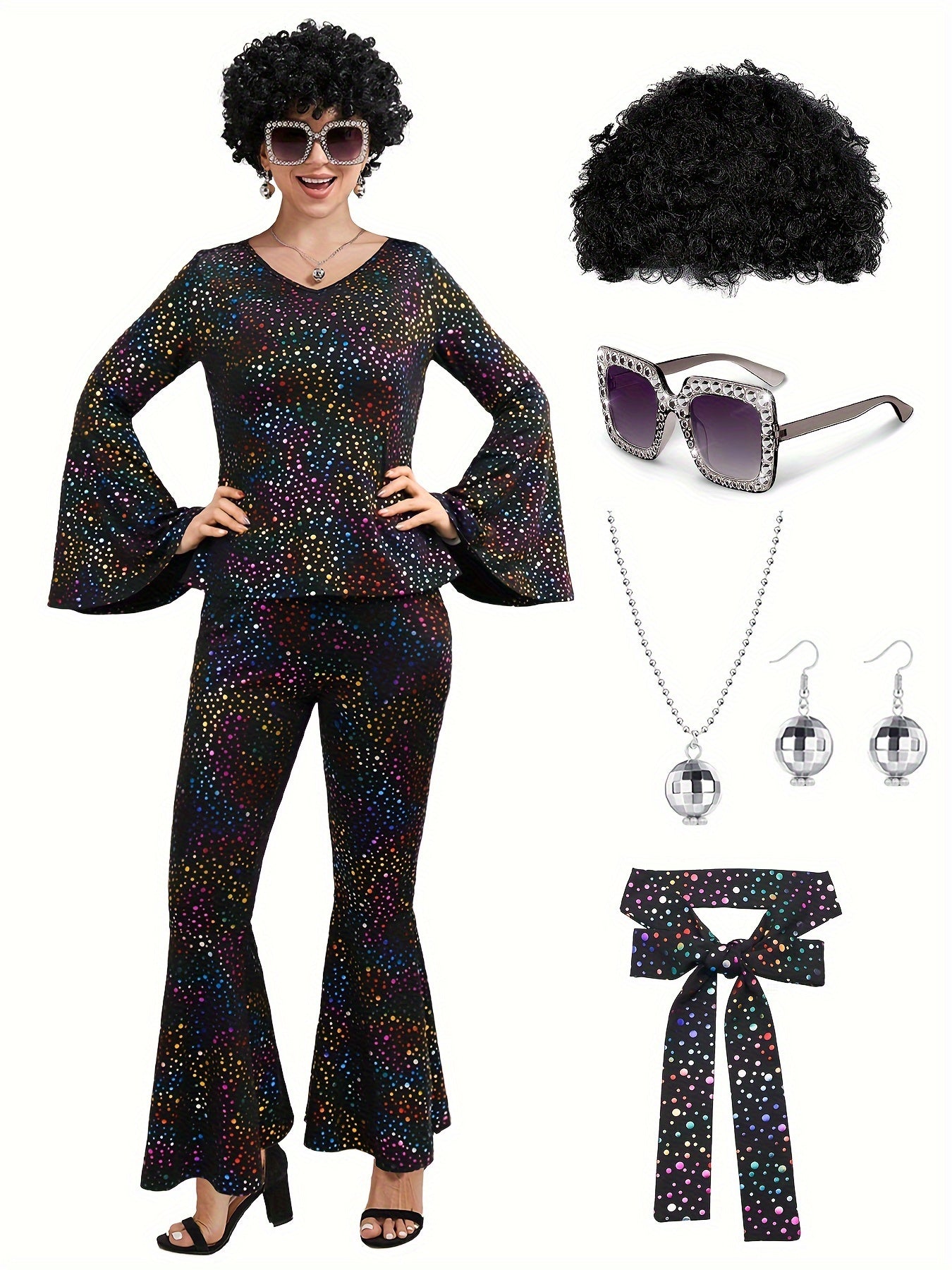 Women's 7-Piece Retro Costume Set - Disco Rock Style – Black option – view 3