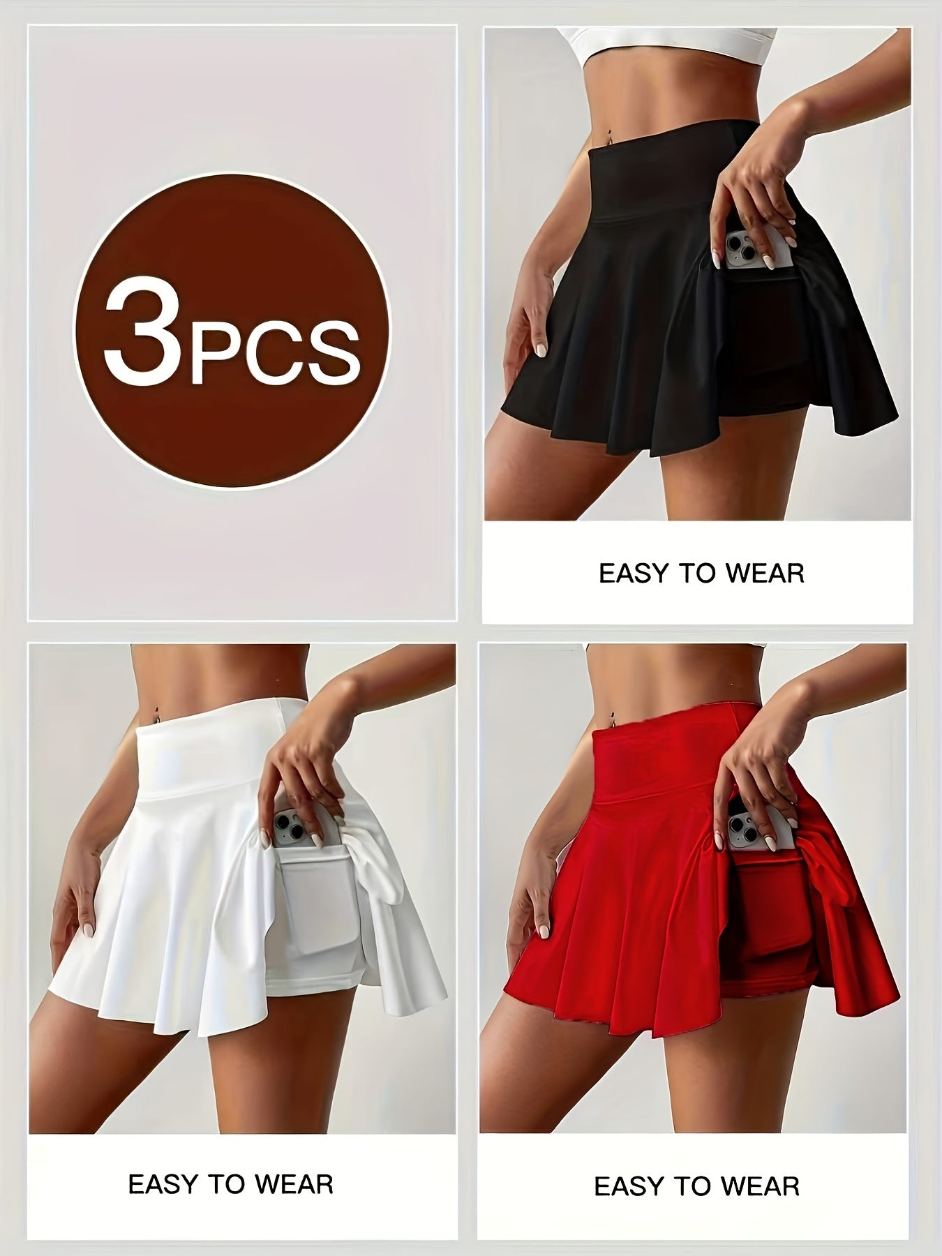 Women's Active Skort 3-Pack - High-Waist Solid Color detail view