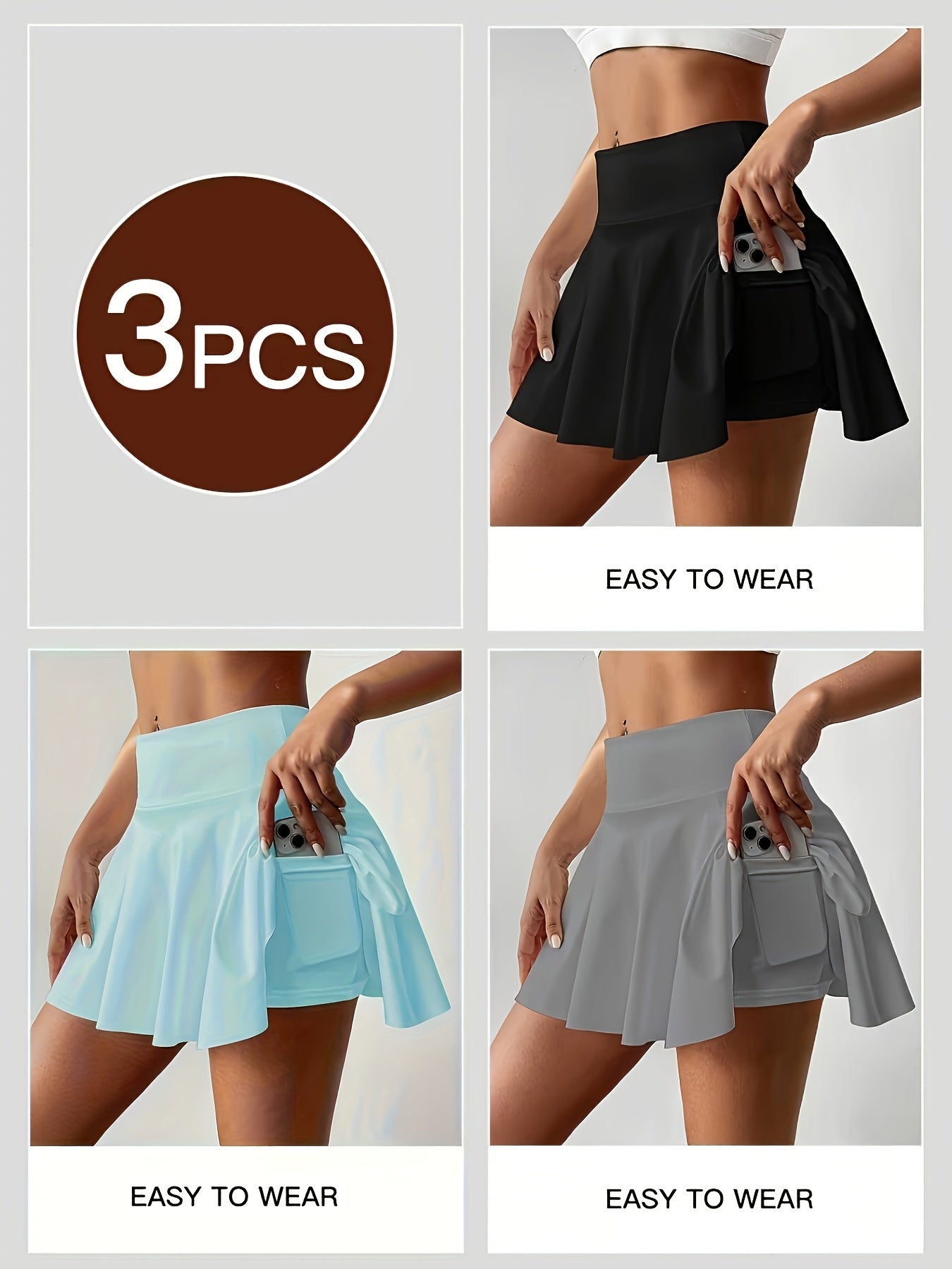 Women's Active Skort 3-Pack - High-Waist Solid Color detail view