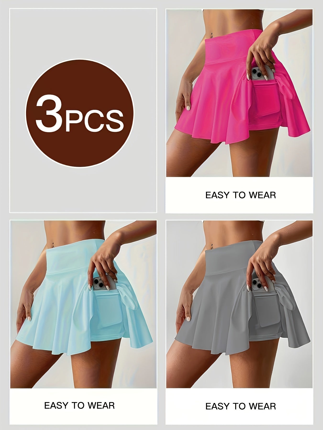 Women's Active Skort 3-Pack - High-Waist Solid Color detail view