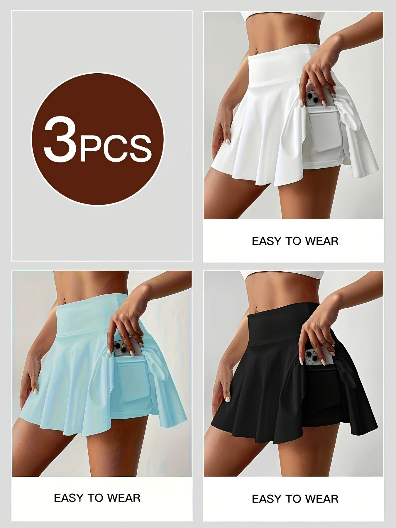 Women's Active Skort 3-Pack - High-Waist Solid Color detail view
