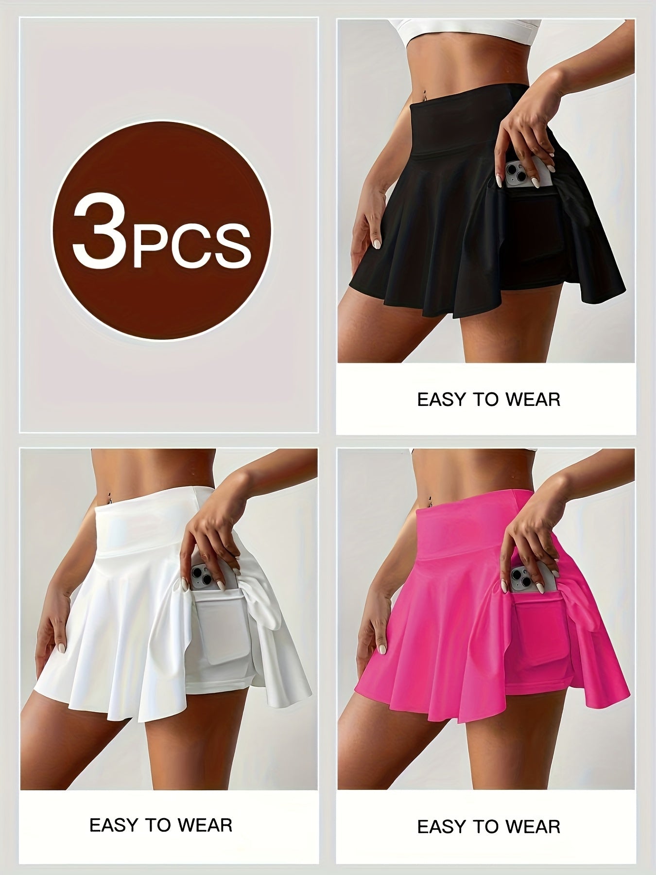 Women's Active Skort 3-Pack - High-Waist Solid Color detail view