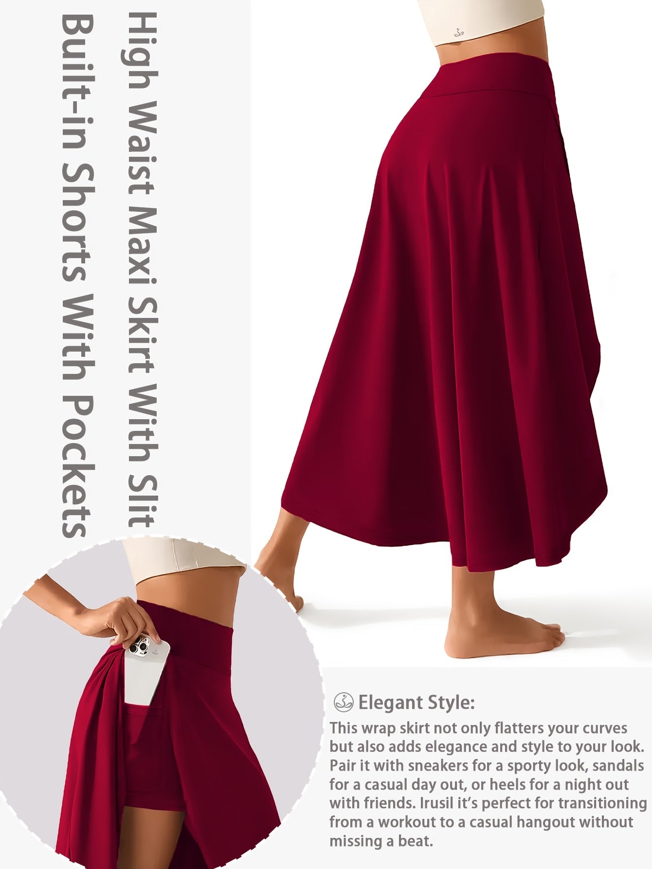 Women's Active Skort - High-Waist Solid Color Burgundy detail view