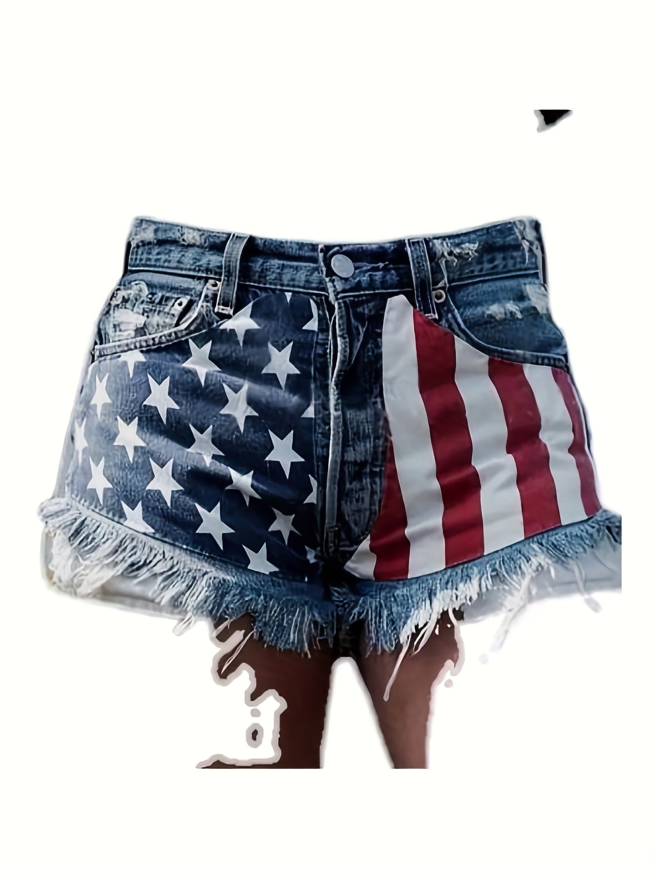 Women's American Flag Denim Shorts - Frayed High Waist detail view