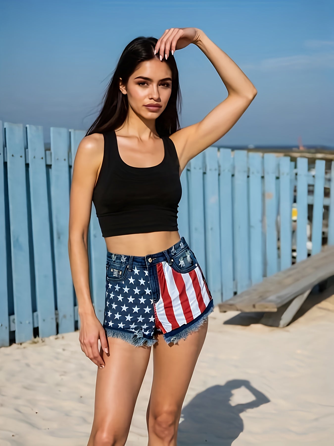 Women's American Flag Denim Shorts - Frayed High Waist detail view