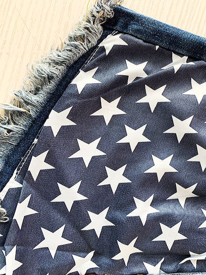 Women's American Flag Denim Shorts - Frayed High Waist detail view
