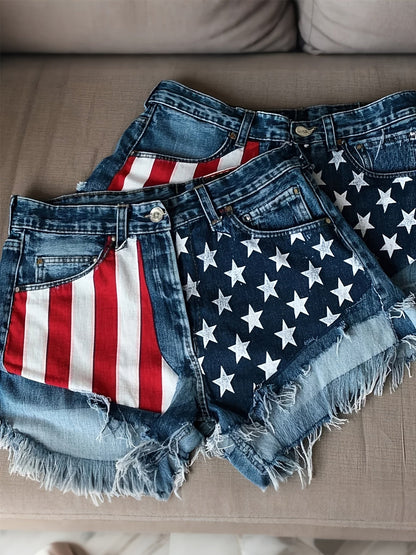 Women's American Flag Denim Shorts - Frayed High Waist detail view
