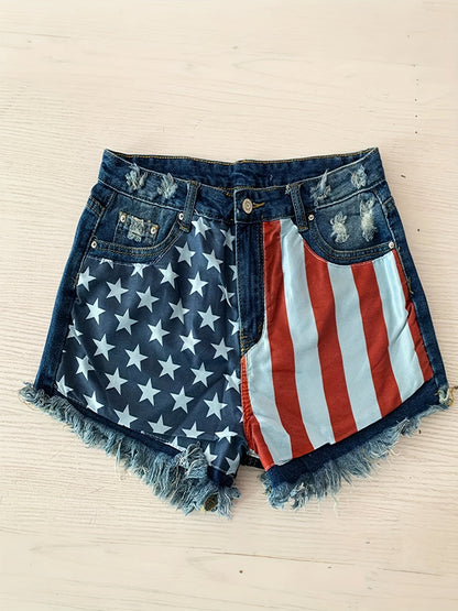 Women's American Flag Denim Shorts - Frayed High Waist detail view