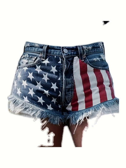 Women's American Flag Denim Shorts - Frayed High Waist detail view