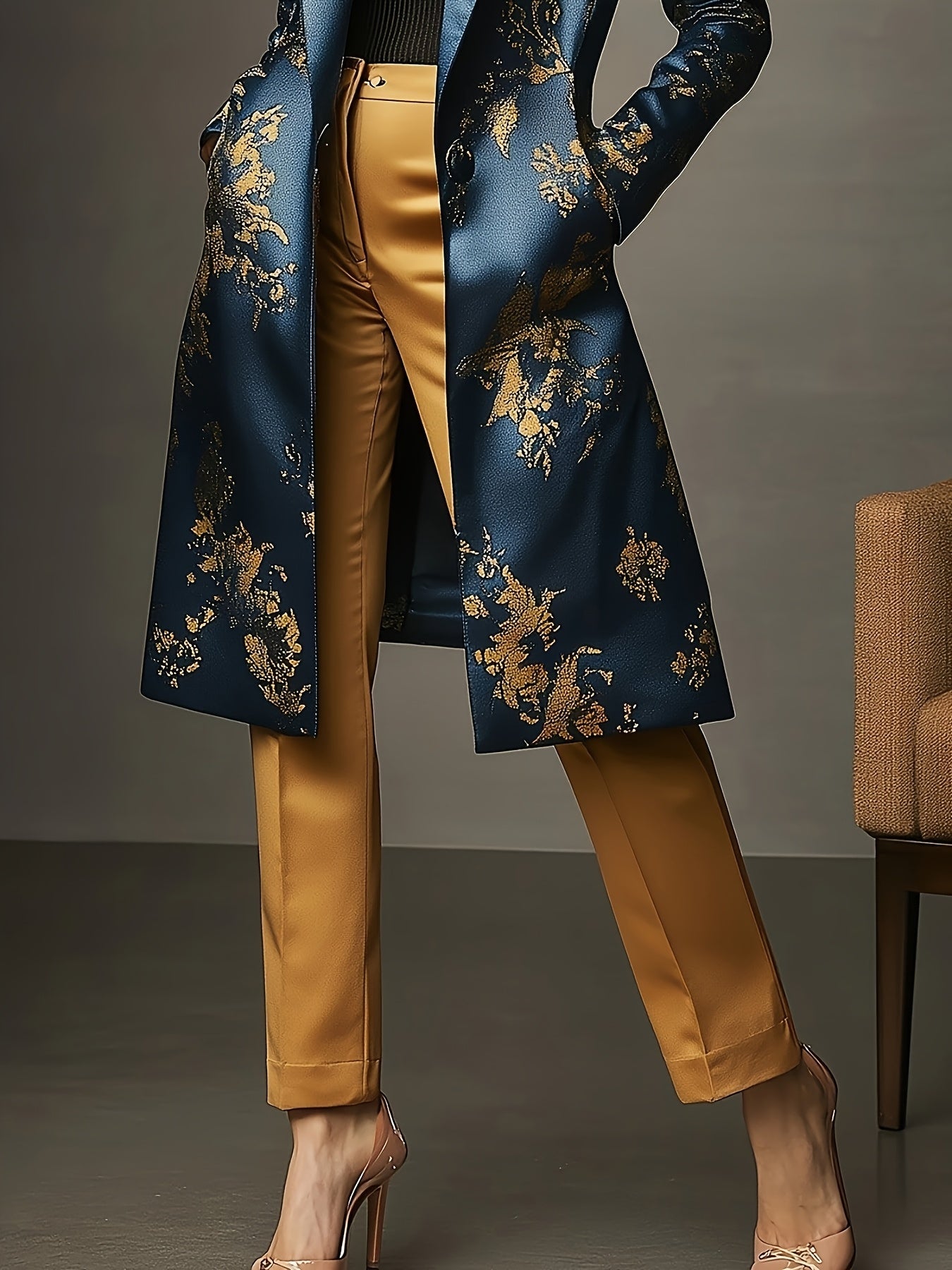 Women's Baroque Floral Blazer - Longline Single-Button Style detail view