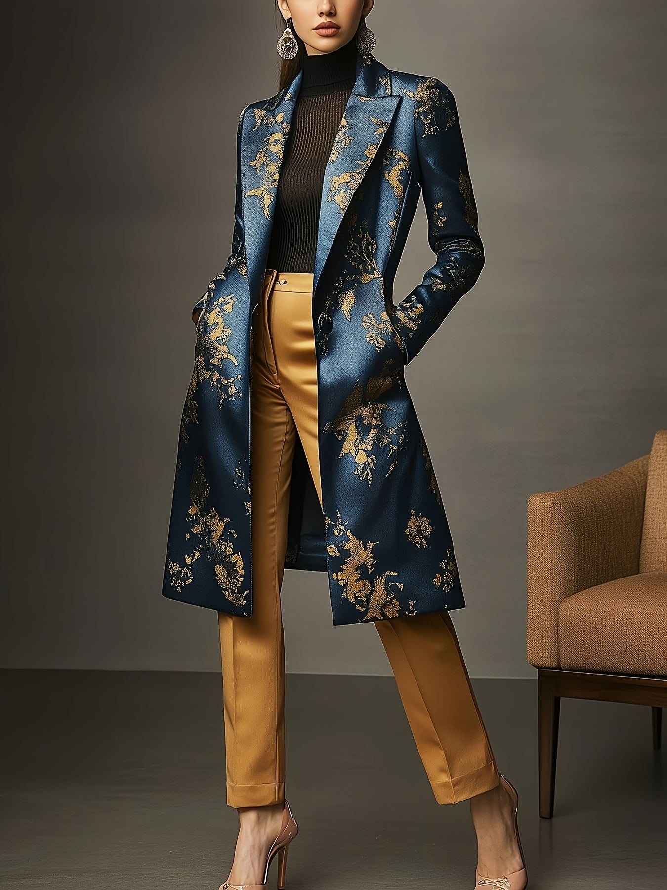 Women's Baroque Floral Blazer - Longline Single-Button Style detail view