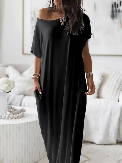 Women's Batwing Sleeve Maxi Dress - Loose Solid Color Fit detail view