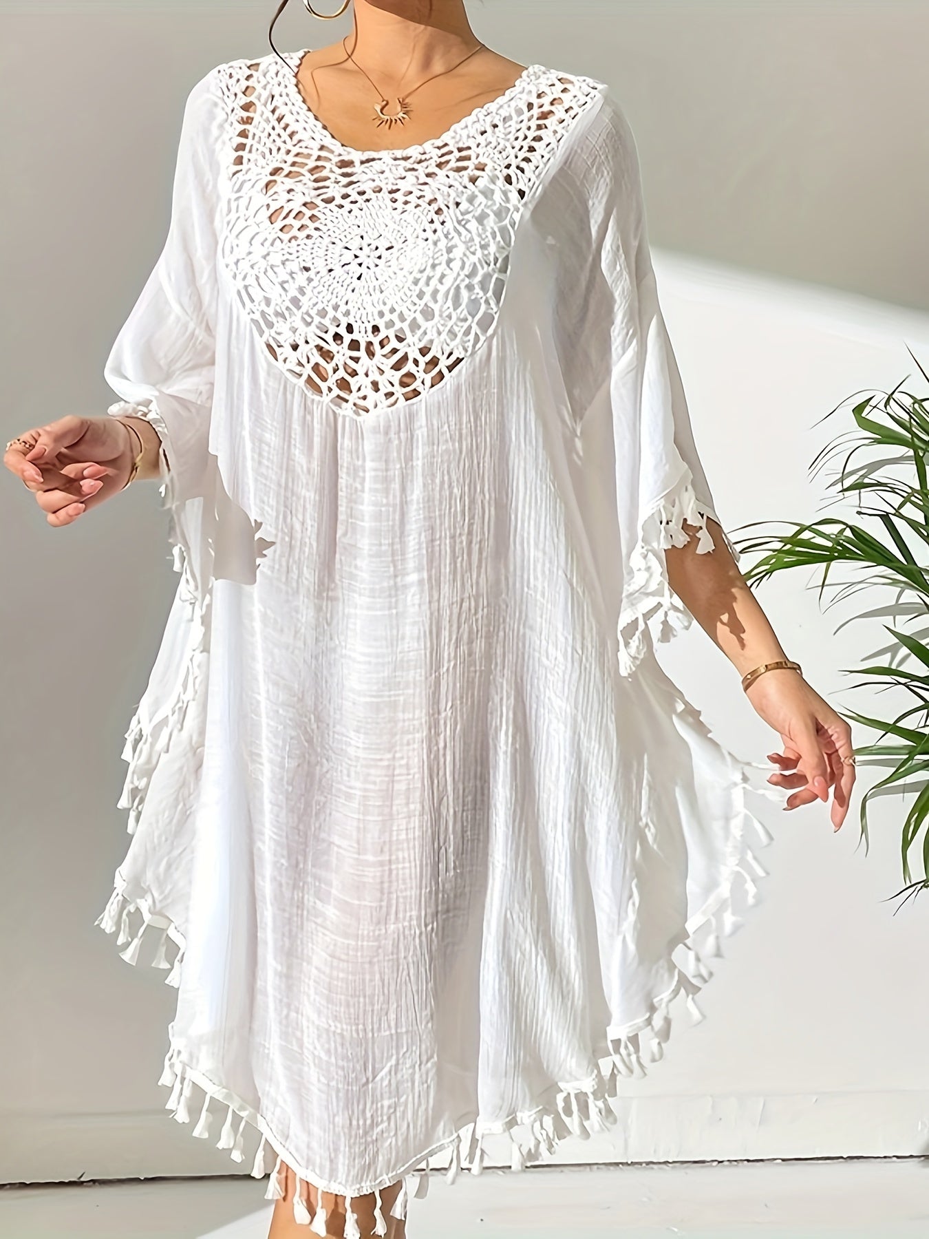 Women's Beach Cover-Up - Lace Detail Classic Neckline detail view