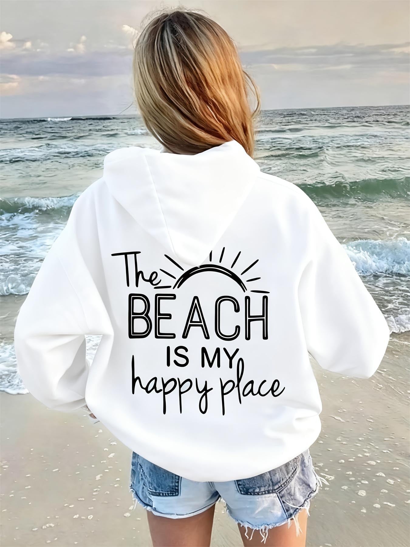 Women's Beach Graphic Hoodie - Happy Place Sun Print – White option – main product image