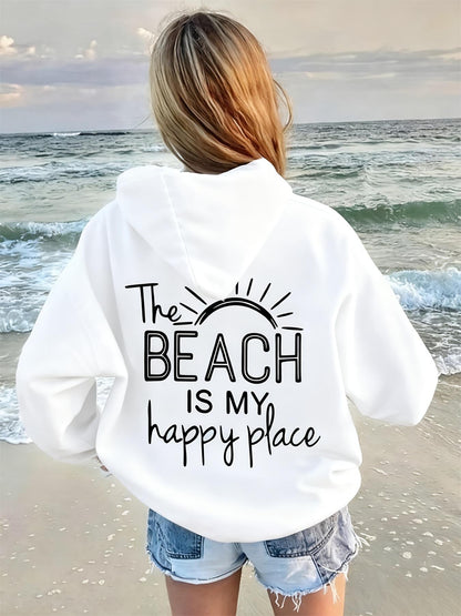 Women's Beach Graphic Hoodie - Happy Place Sun Print – White option – main product image