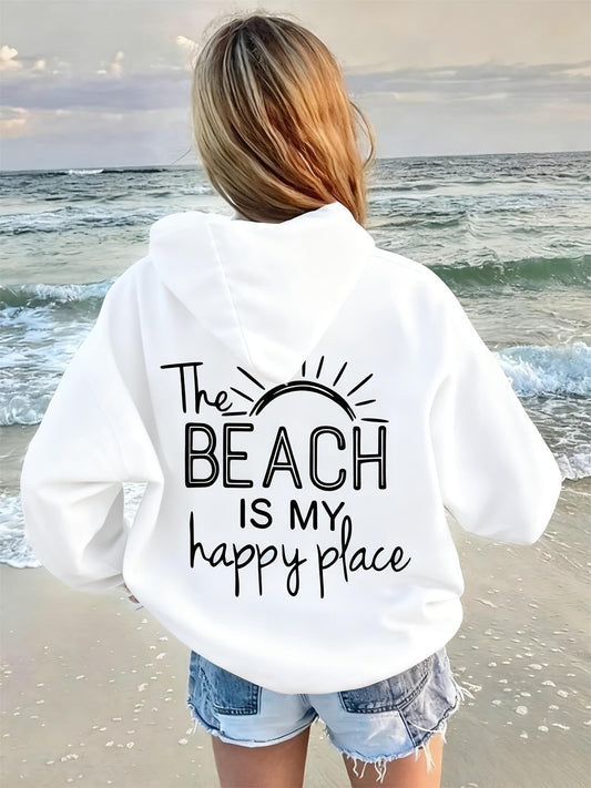Women's Beach Graphic Hoodie - Happy Place Sun Print – White option – main product image