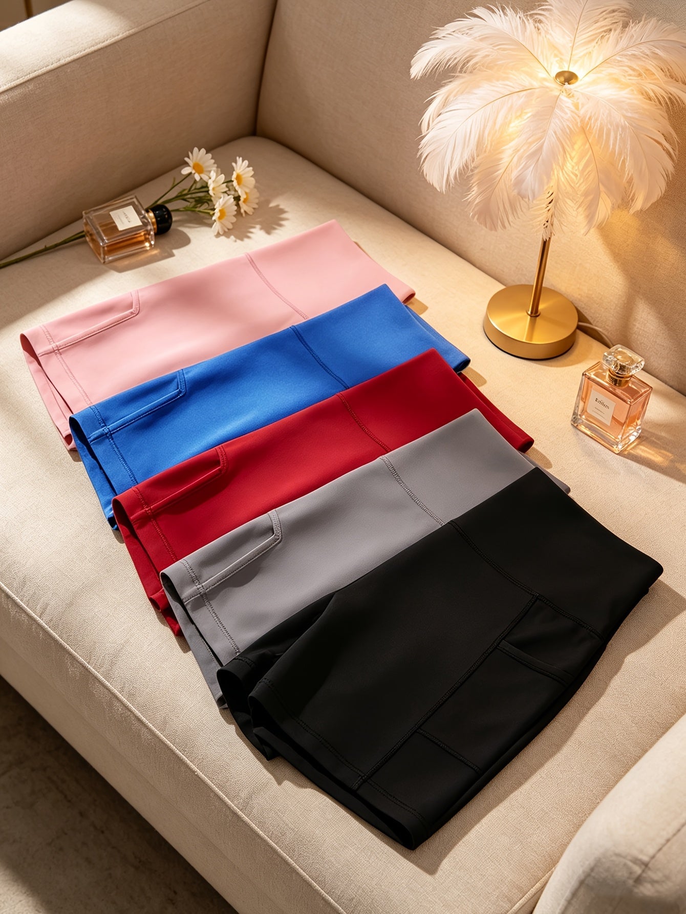 Women's Biker Shorts - Black + Gray + Red + Blue + Pink Pockets detail view