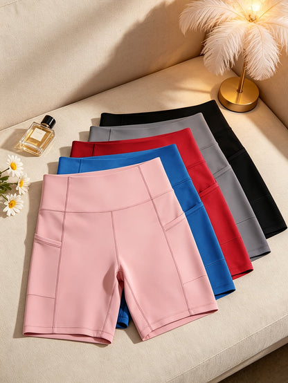 Women's Biker Shorts - Black + Gray + Red + Blue + Pink Pockets detail view