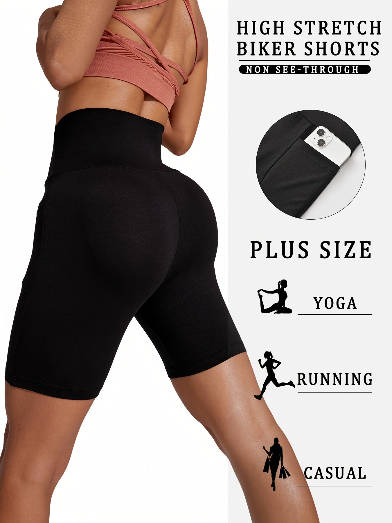 Women's Biker Shorts - Black Pockets detail view