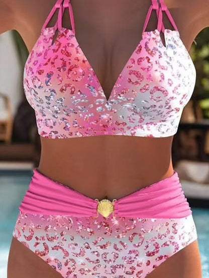 Women's Bikini Set - Leopard Print Classic Neckline detail view