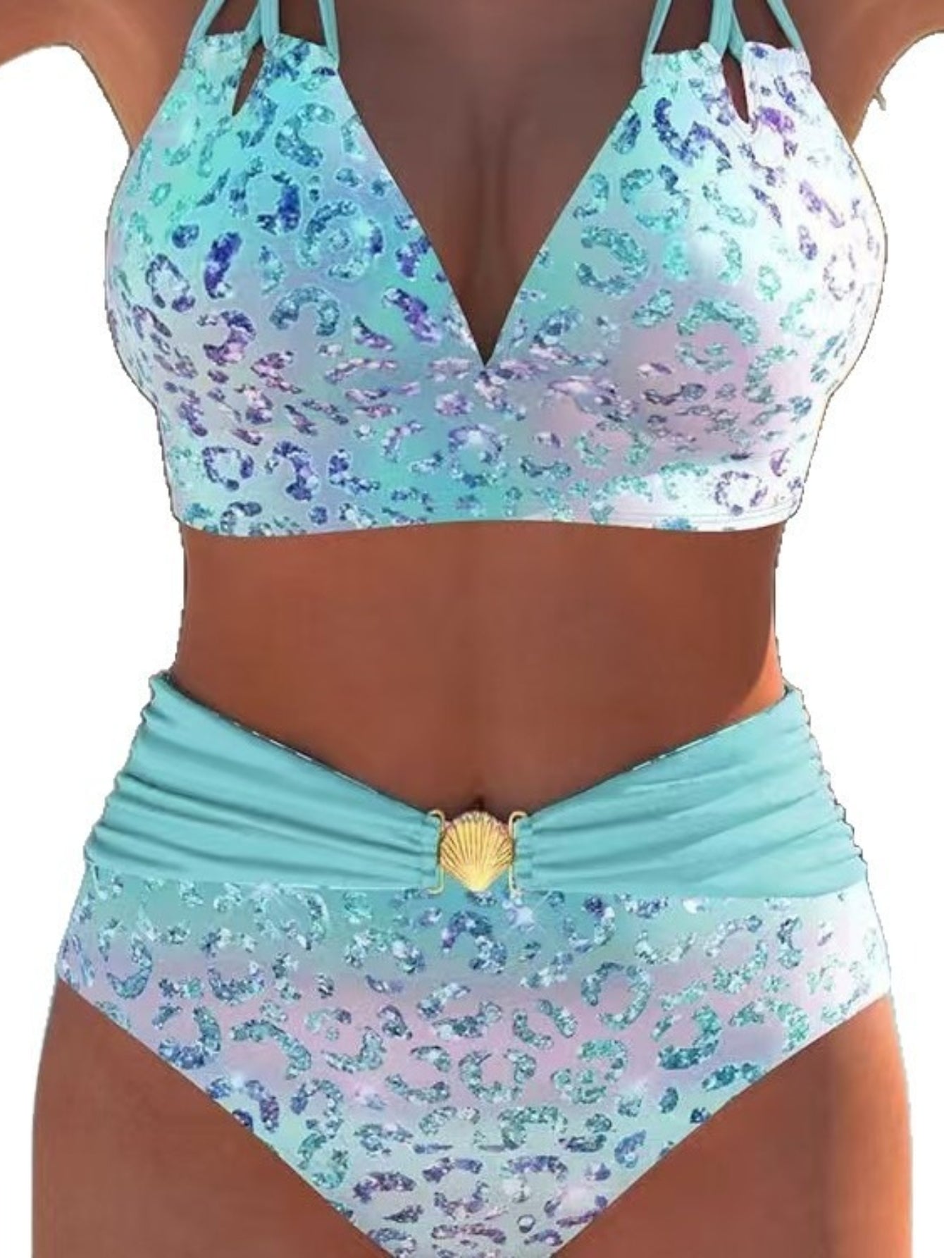 Women's Bikini Set - Leopard Print Classic Neckline detail view