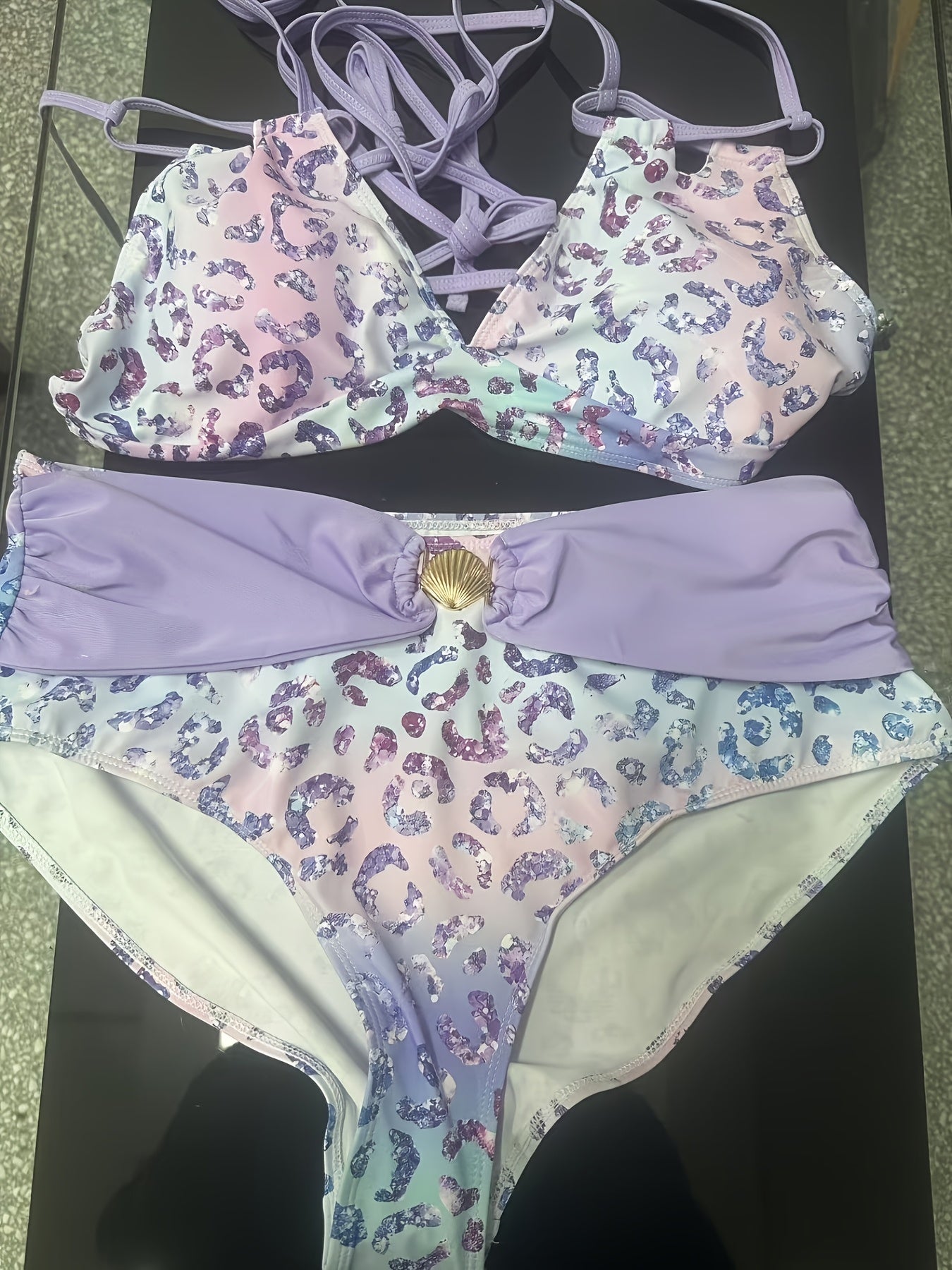 Women's Bikini Set - Leopard Print Classic Neckline detail view