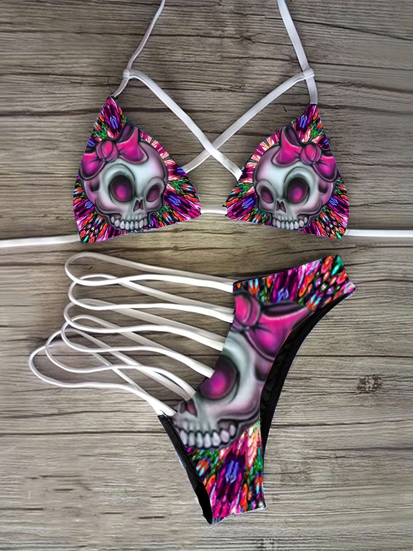 Women's Bikini Set - Skull Print Classic Neckline detail view
