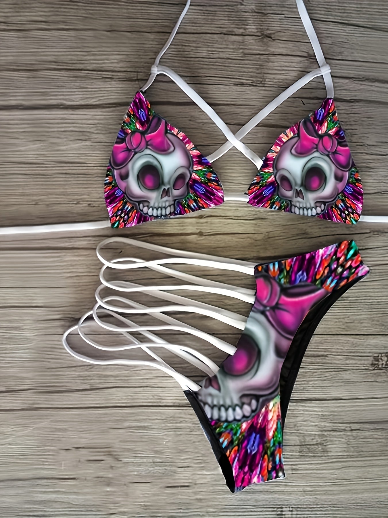 Women's Bikini Set - Skull Print Classic Neckline detail view