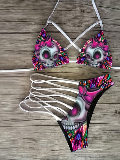 Women's Bikini Set - Skull Print Classic Neckline detail view