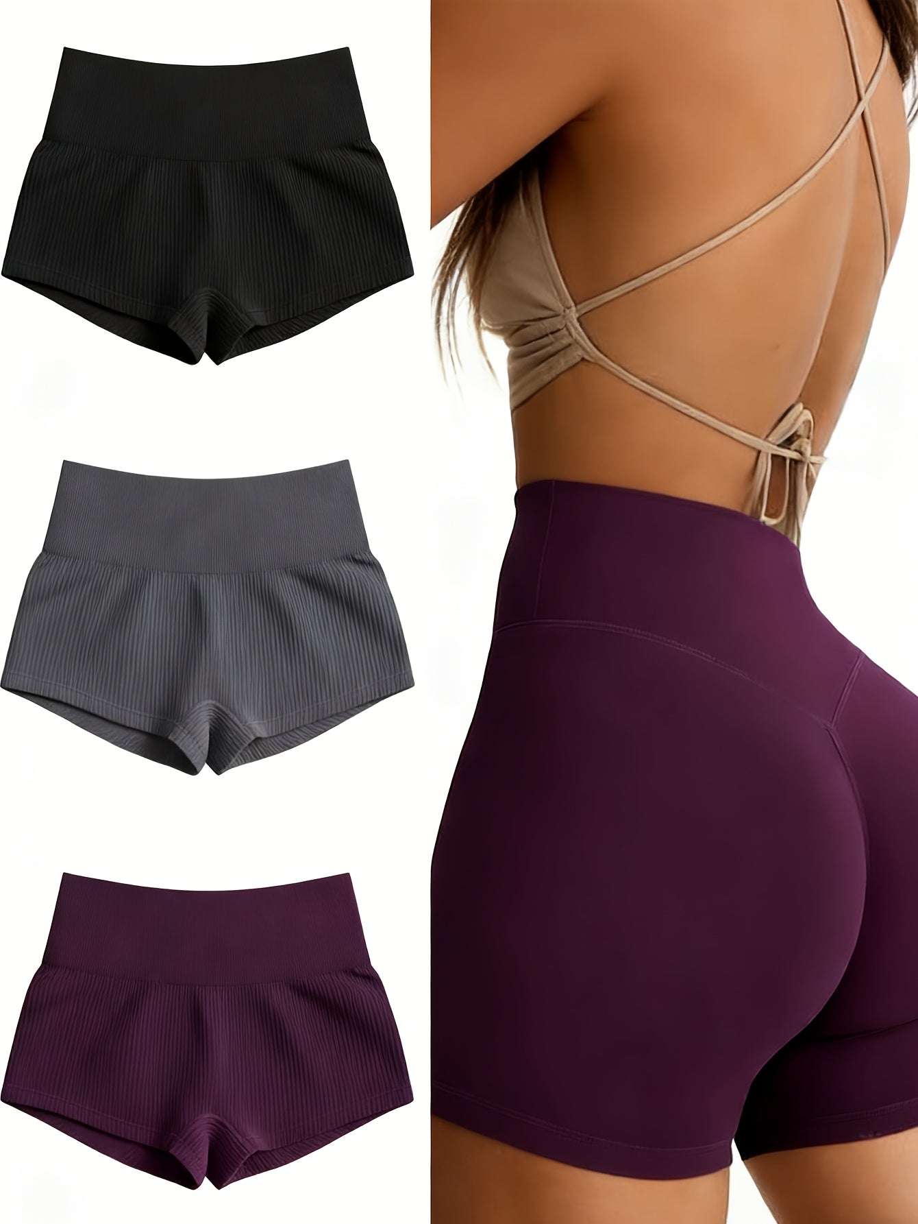 Women's Black Gray Purple Knit High-Waist Shorts – view 4
