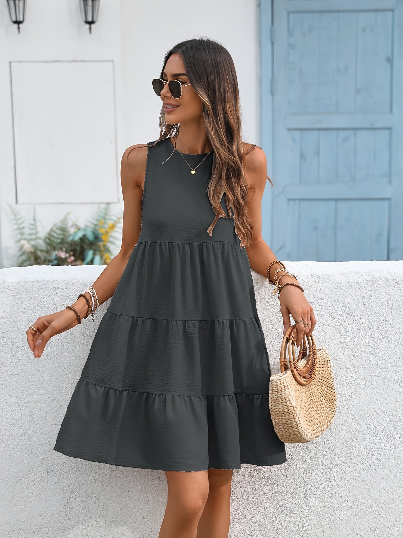 Women's Black Solid Casual Dress - Sleeveless detail view