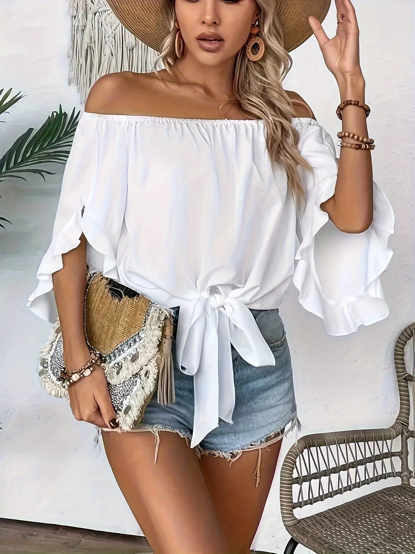 Women's Blouse - Solid Color – 3/4 Sleeve – White option – view 2
