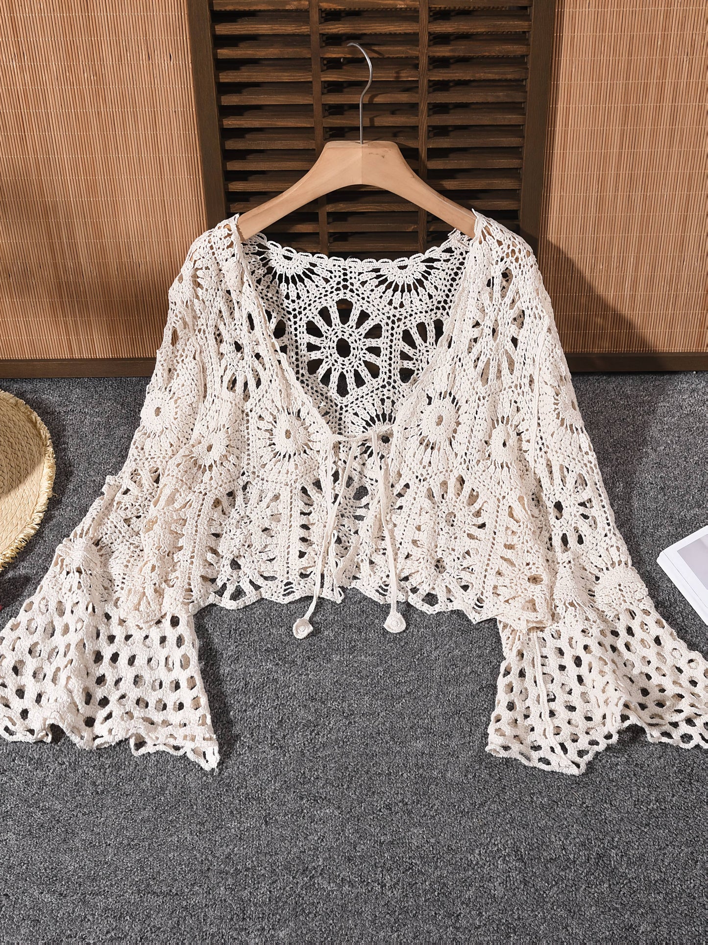 Women's Boho Openwork Cardigan - Hollow V-Neck Bell Sleeves detail view