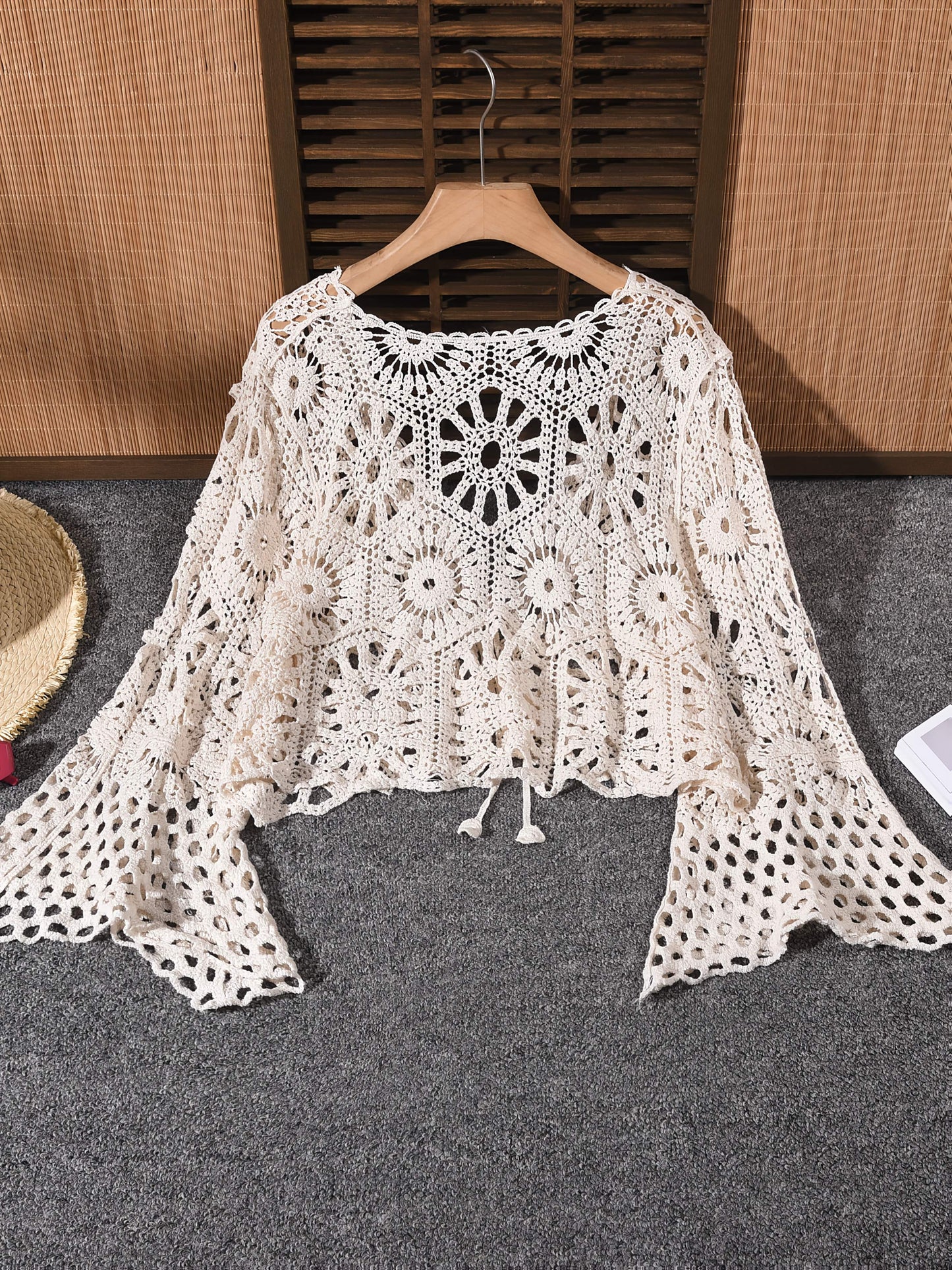 Women's Boho Openwork Cardigan - Hollow V-Neck Bell Sleeves detail view