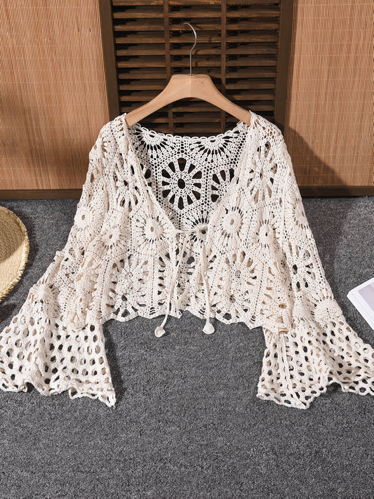 Women's Boho Openwork Cardigan - Hollow V-Neck Bell Sleeves – Apricot option – main product image