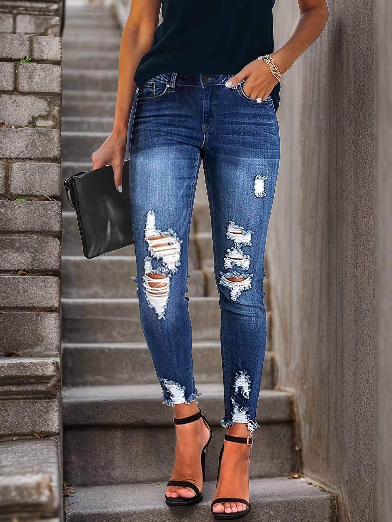 Women's Boyfriend Jeans - Blue Distressed Stretch – Blue option – main product image