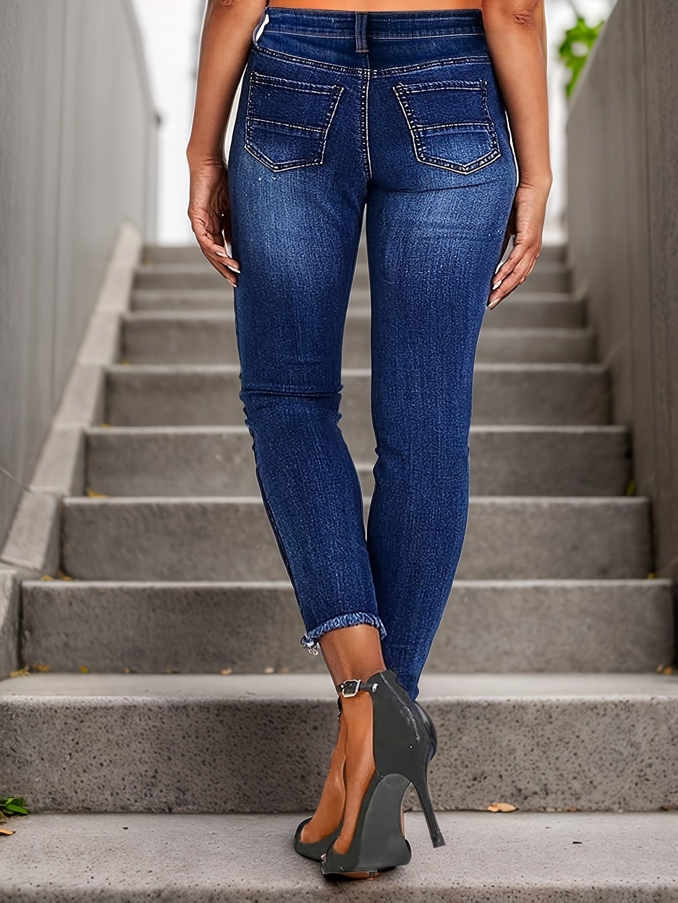 Women's Boyfriend Jeans - Blue Distressed Stretch detail view