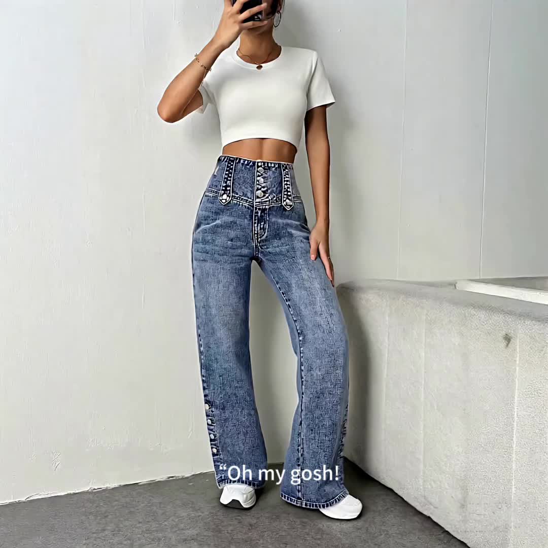 Women's Boyfriend Jeans - Light Blue Button Detail Stretch detail view