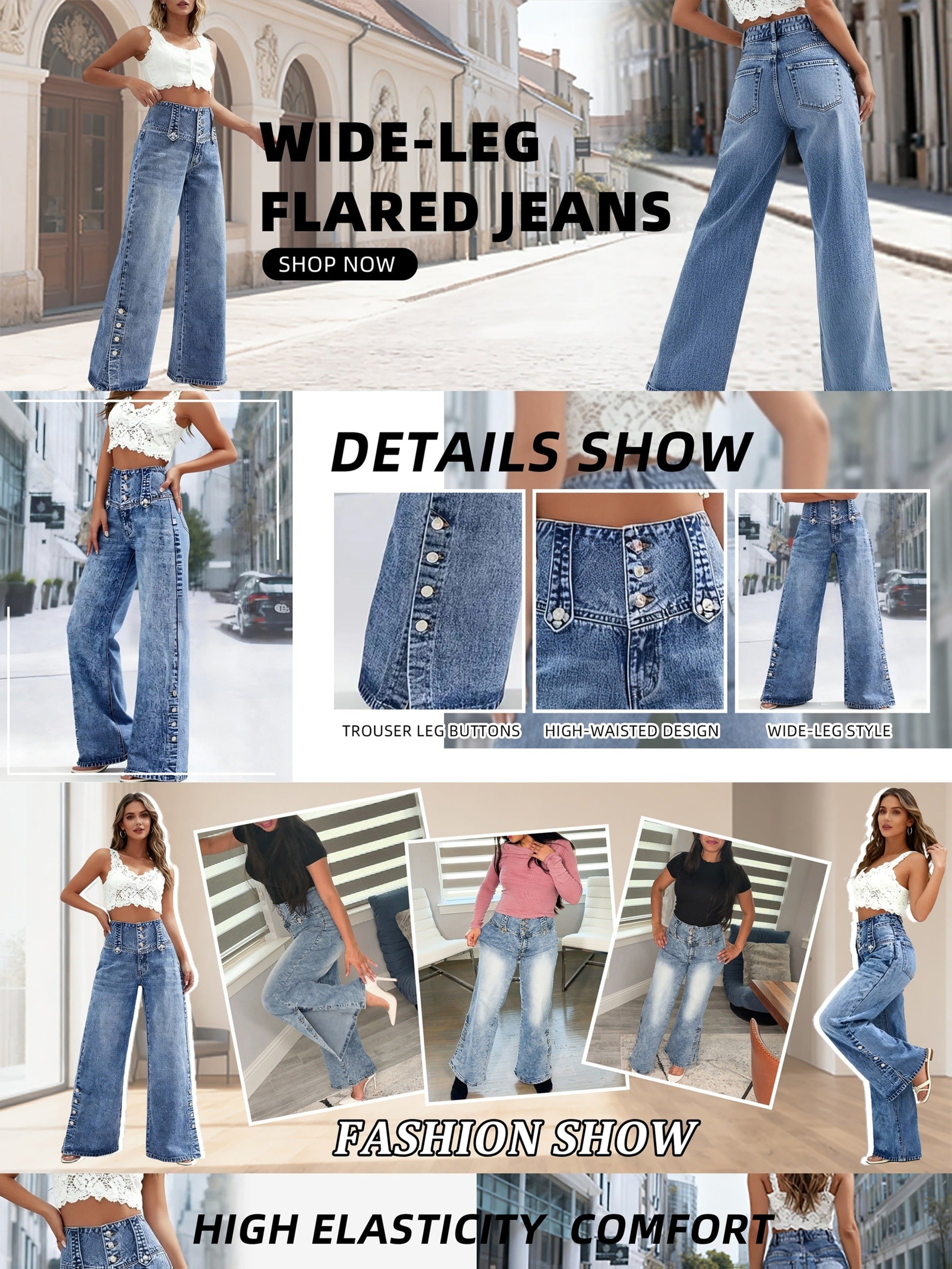 Women's Boyfriend Jeans - Light Blue Button Detail Stretch detail view