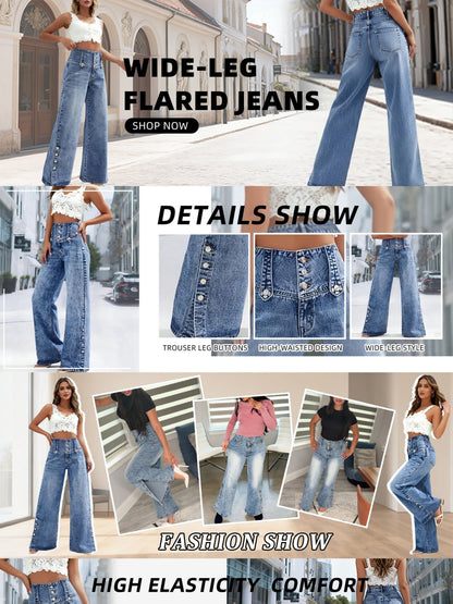 Women's Boyfriend Jeans - Light Blue Button Detail Stretch detail view