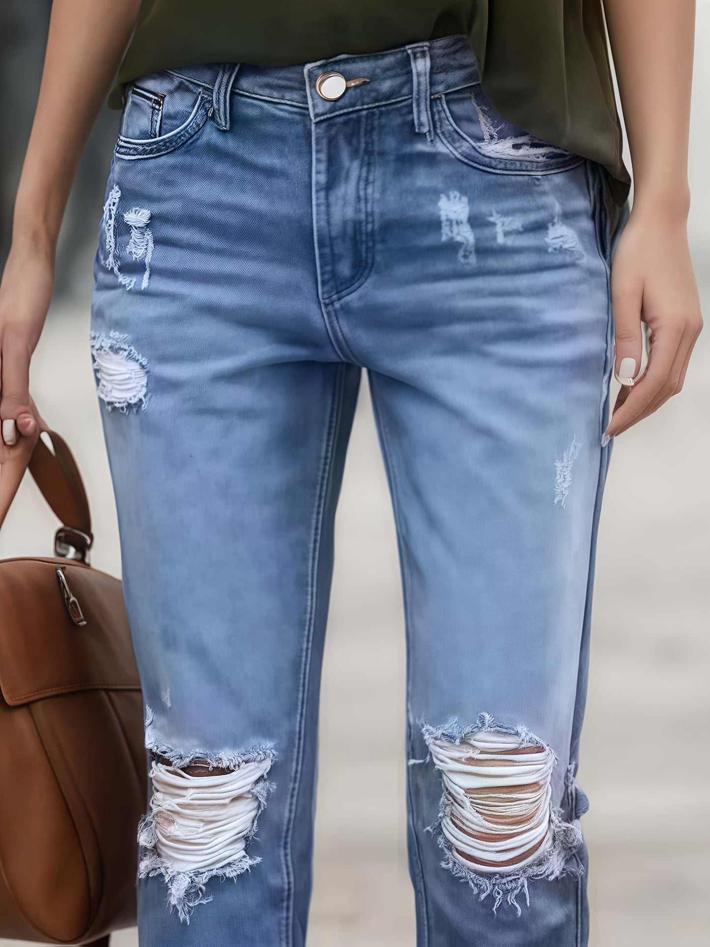 Women's Boyfriend Jeans - Vibrant Blue Distressed Stretch detail view