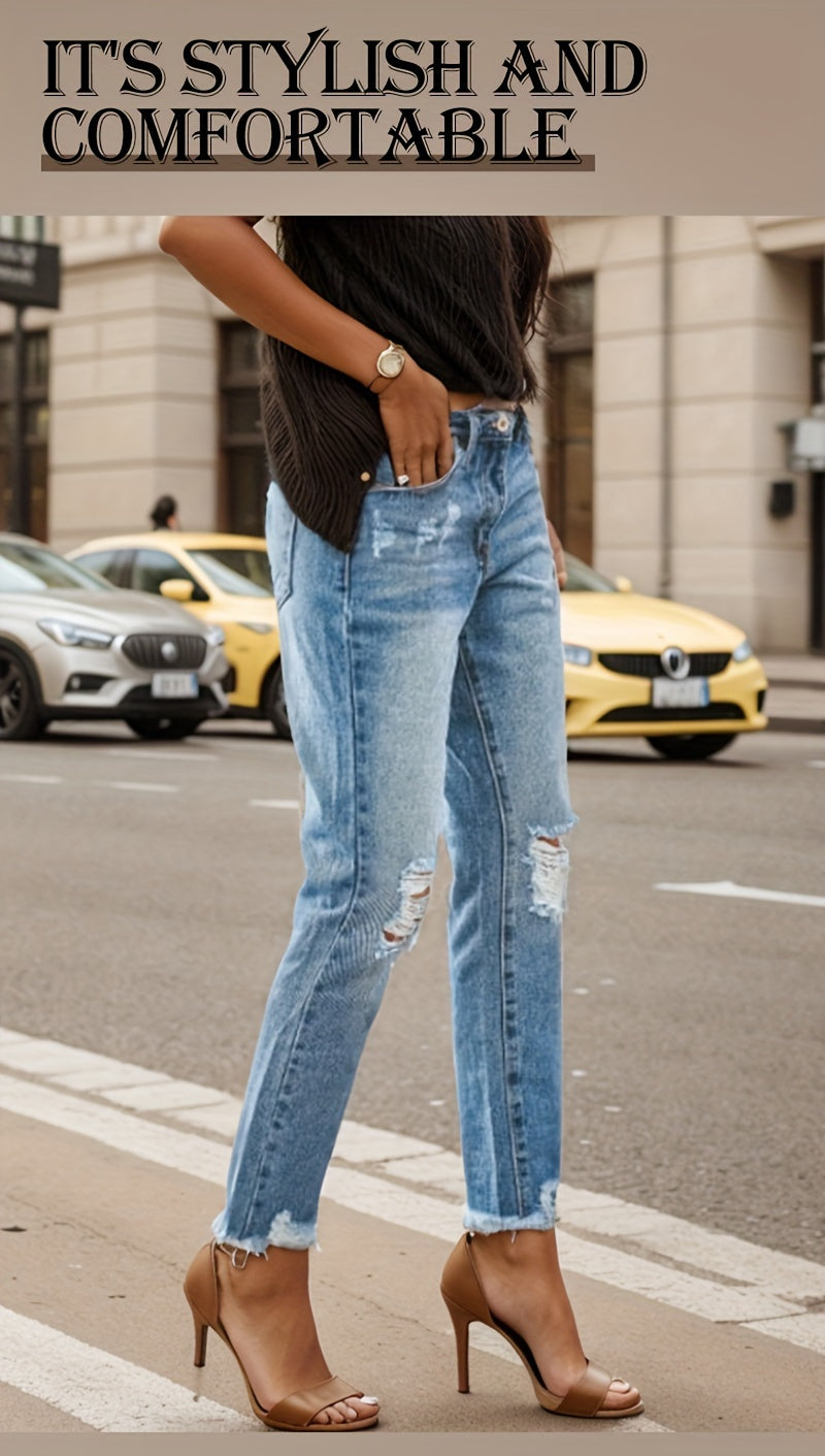 Women's Boyfriend Jeans - Vibrant Blue Distressed Stretch detail view