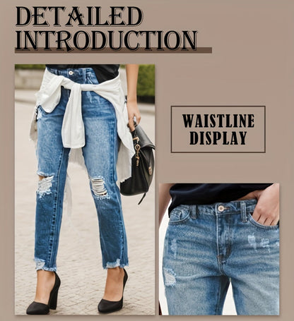 Women's Boyfriend Jeans - Vibrant Blue Distressed Stretch detail view