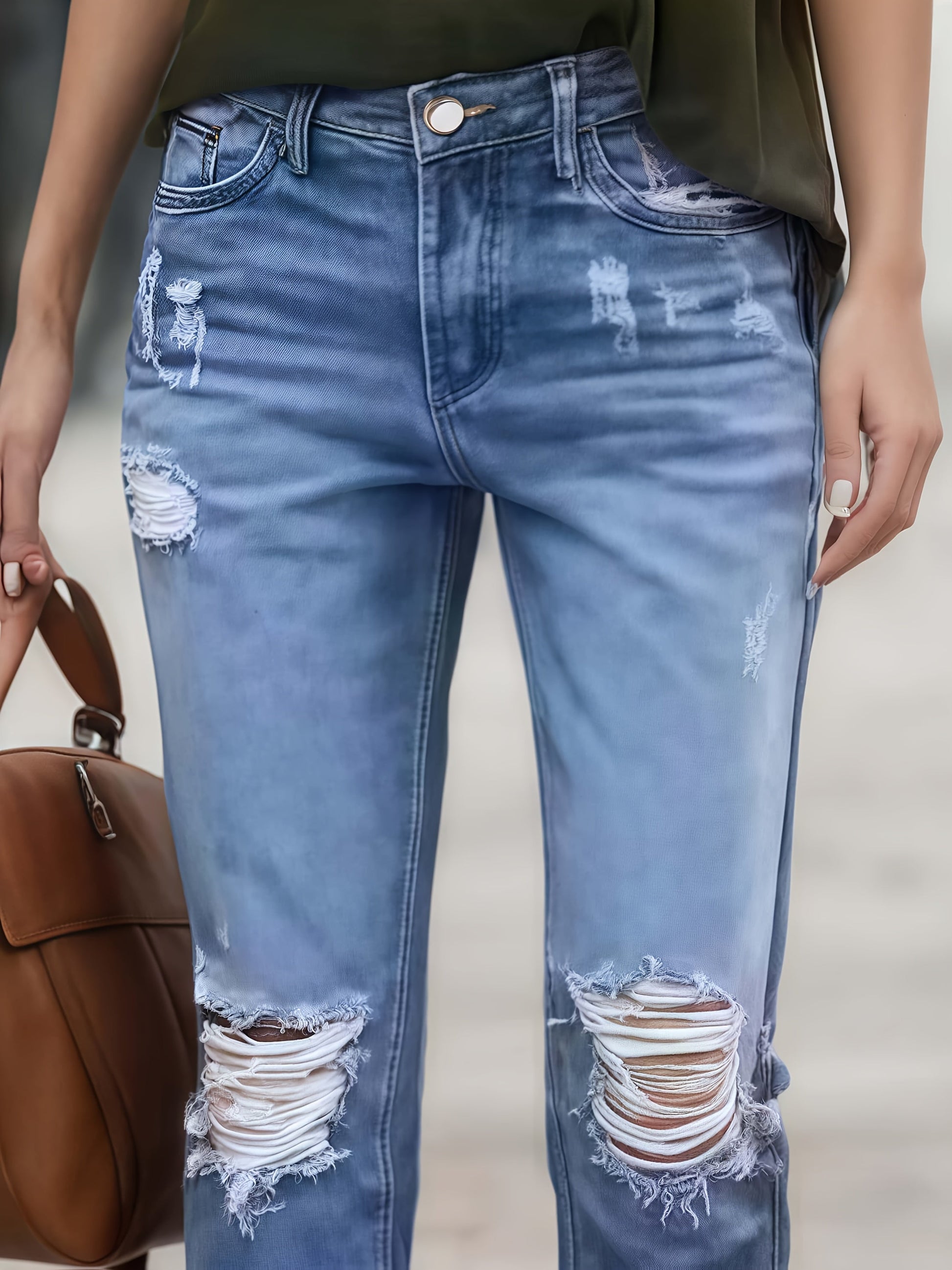 Women's Boyfriend Jeans - Vibrant Blue Distressed Stretch detail view