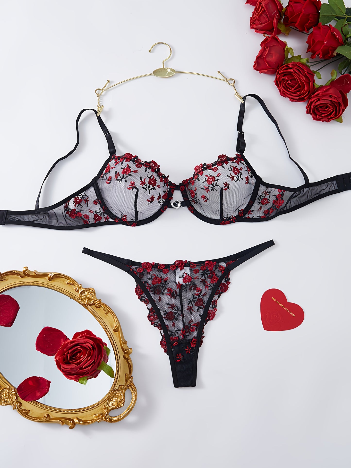 Women's Bra and Panty Lingerie Set - Floral Lace Coordinated – Black Red – main product image