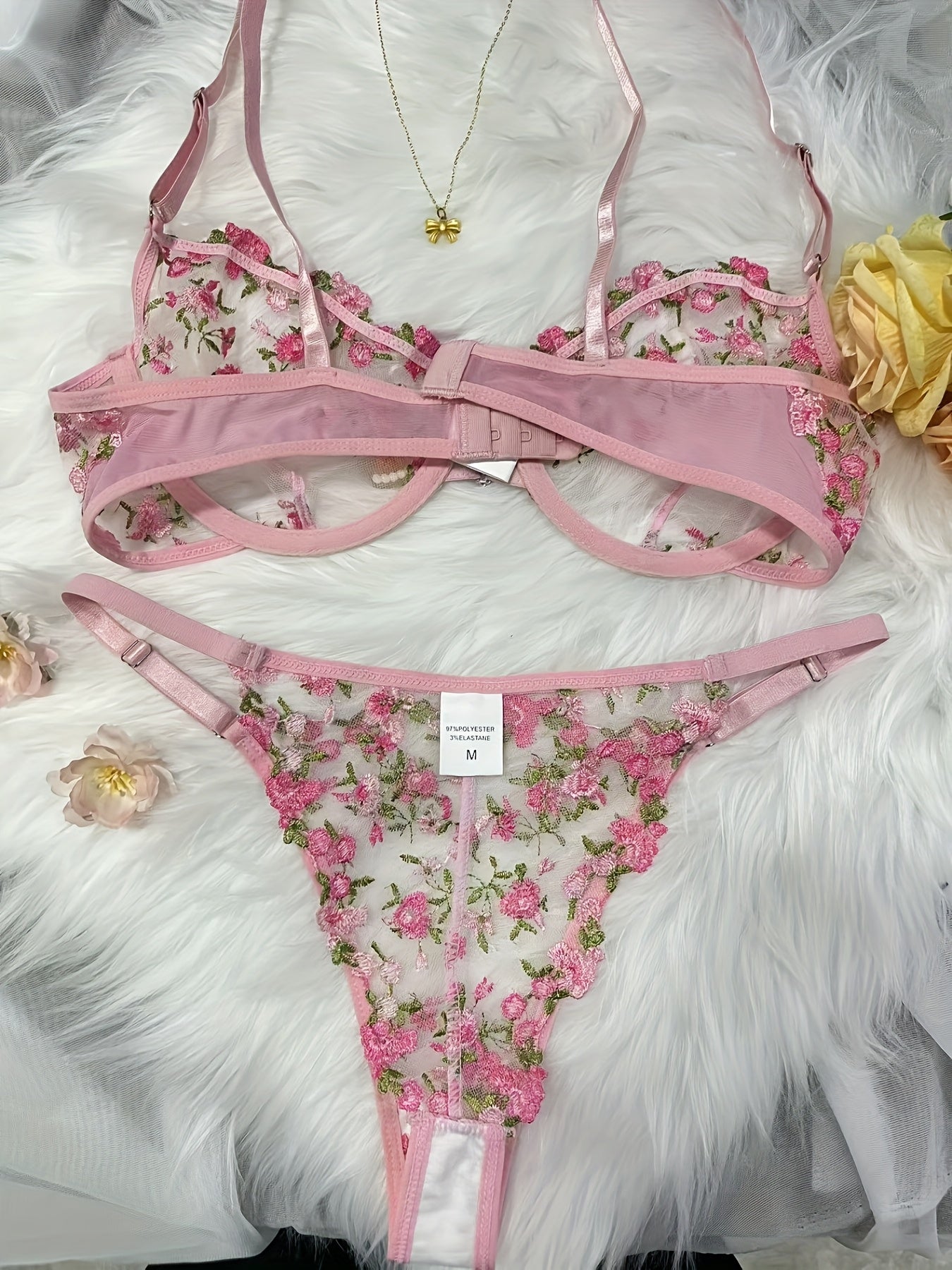 Women's Bra and Panty Lingerie Set - Floral Lace Coordinated – Black Red – view 4