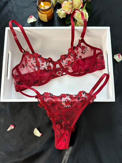 Women's Bra and Panty Lingerie Set - Floral Lace Coordinated – Black Red – view 5