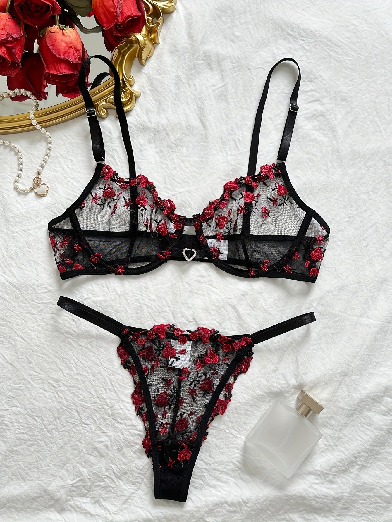 Women's Bra and Panty Lingerie Set - Floral Lace Coordinated – Black Red – view 6