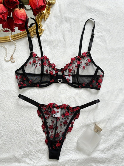 Women's Bra and Panty Lingerie Set - Floral Lace Coordinated – Black Red – view 6