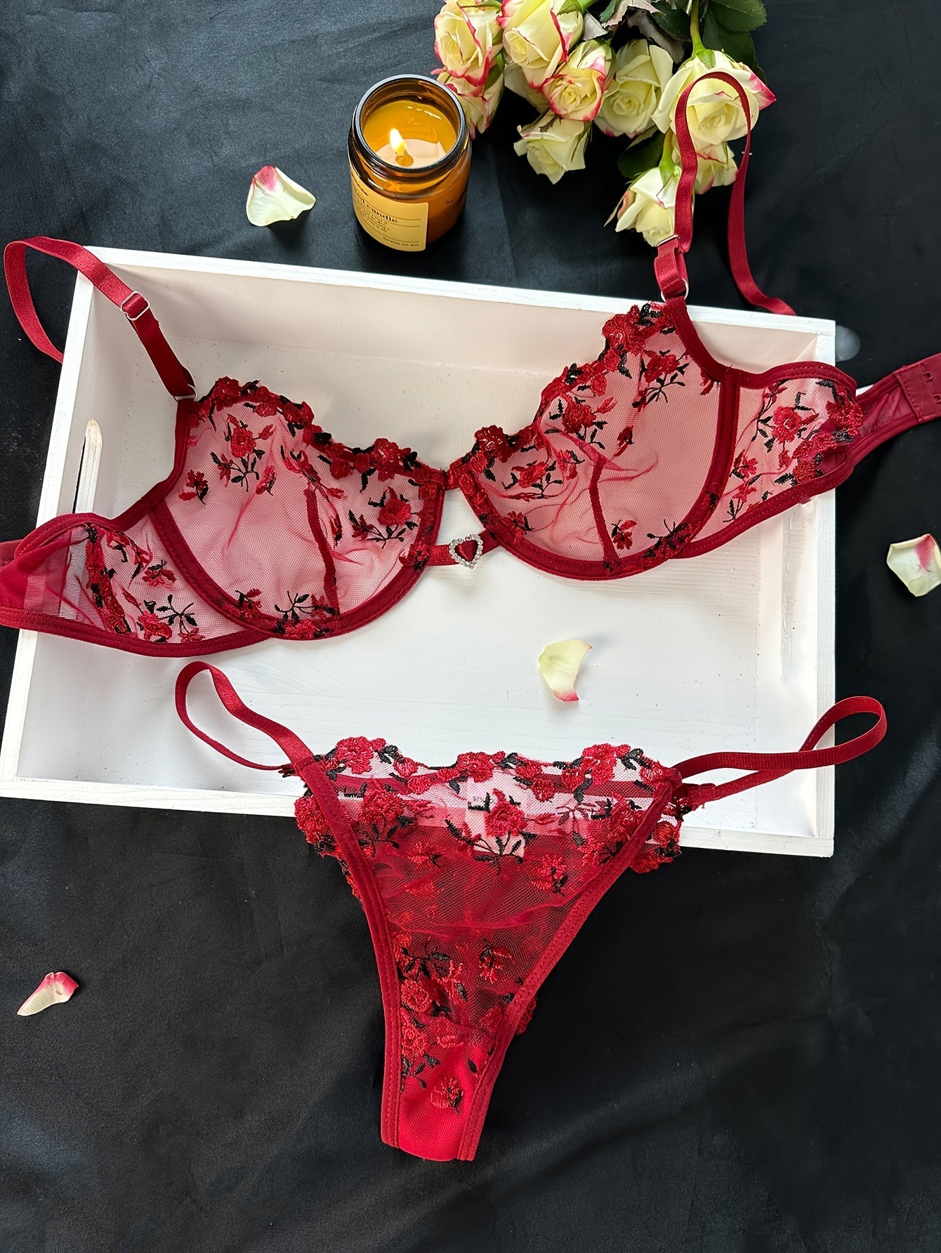 Women's Bra and Panty Lingerie Set - Floral Lace Coordinated – Black Red – view 8